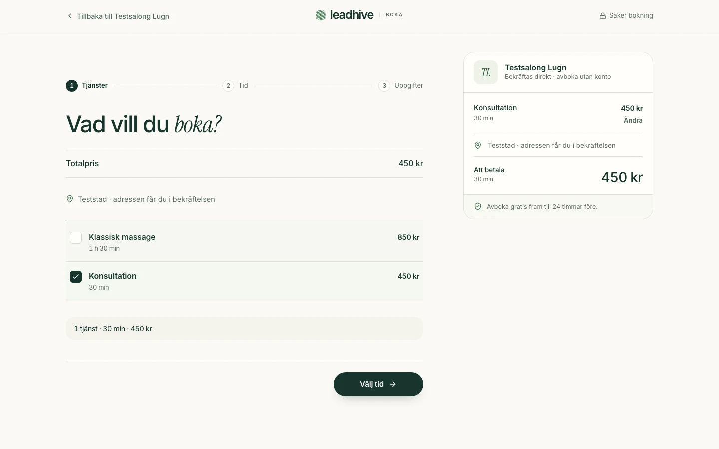 Kundens tjänsteval och totalpris när konsultation bokas hos ett testföretag