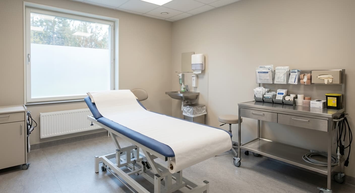 Tom behandlingsbrits och ren arbetsyta med förpackade engångsmaterial i ett ljust klinikrum
