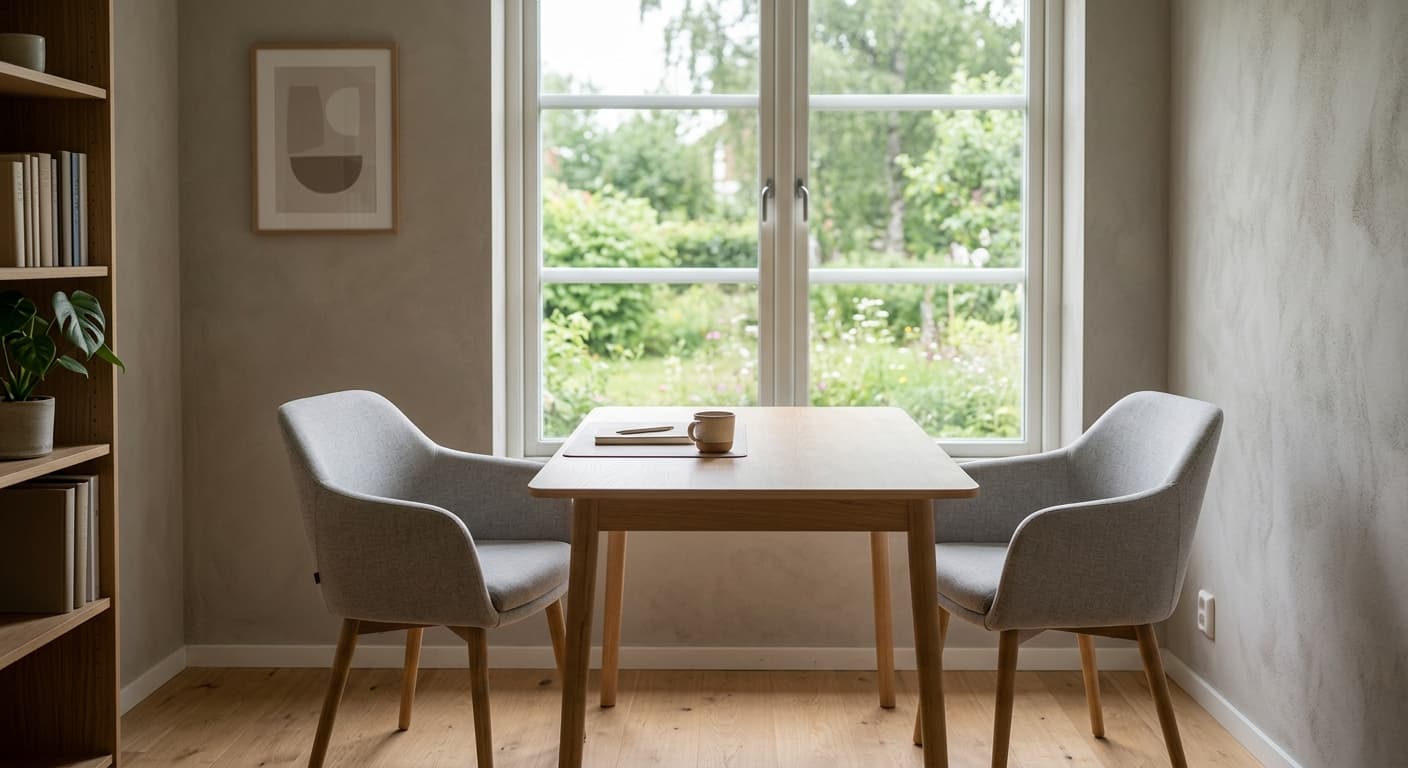 Två tomma stolar vid ett bord i ett ljust konsultationsrum