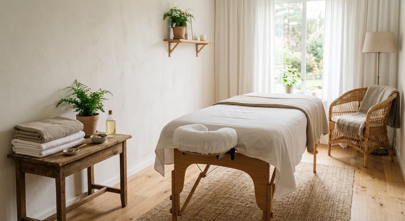 Massagebänk med vikta handdukar i ett ljust rum med trägolv.
