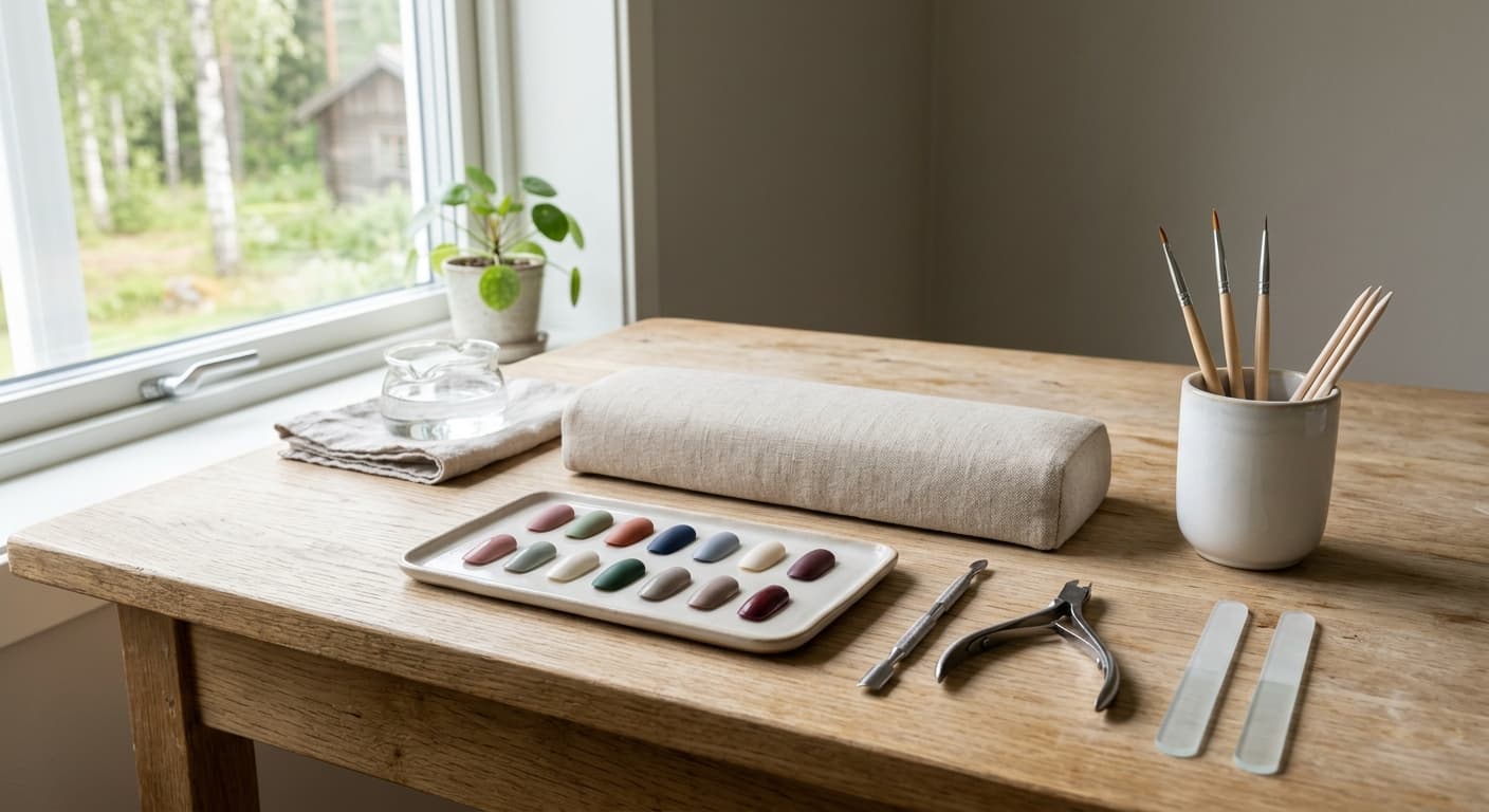 Nagelstation med handkudde, nagelfilar, penslar och färgprover på ett ljust träbord