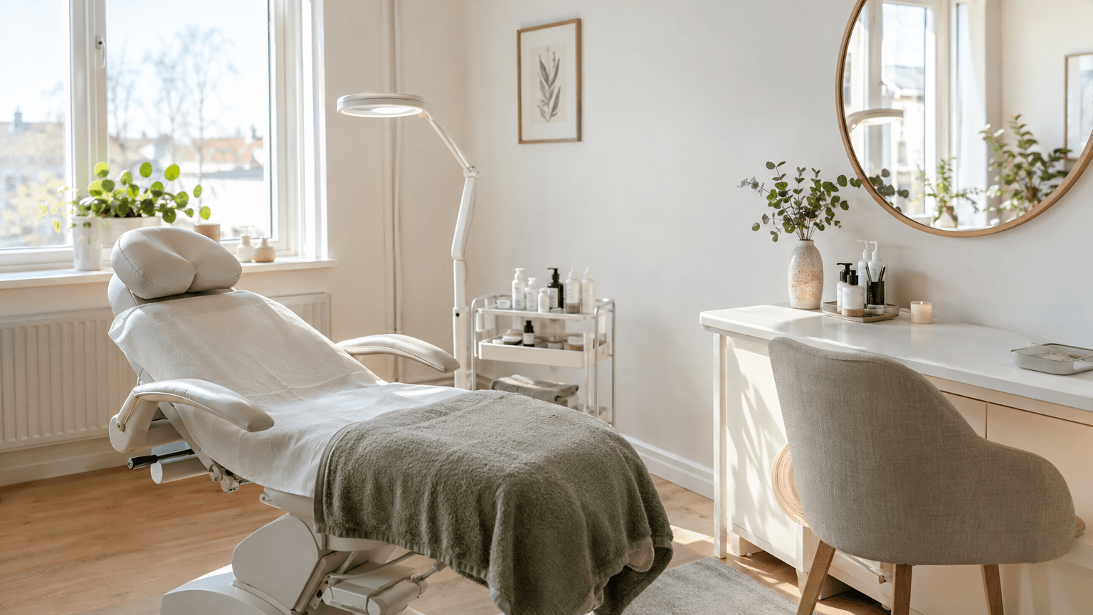 Ett ljust studiorum med behandlingsstol, arbetsbord och rund spegel