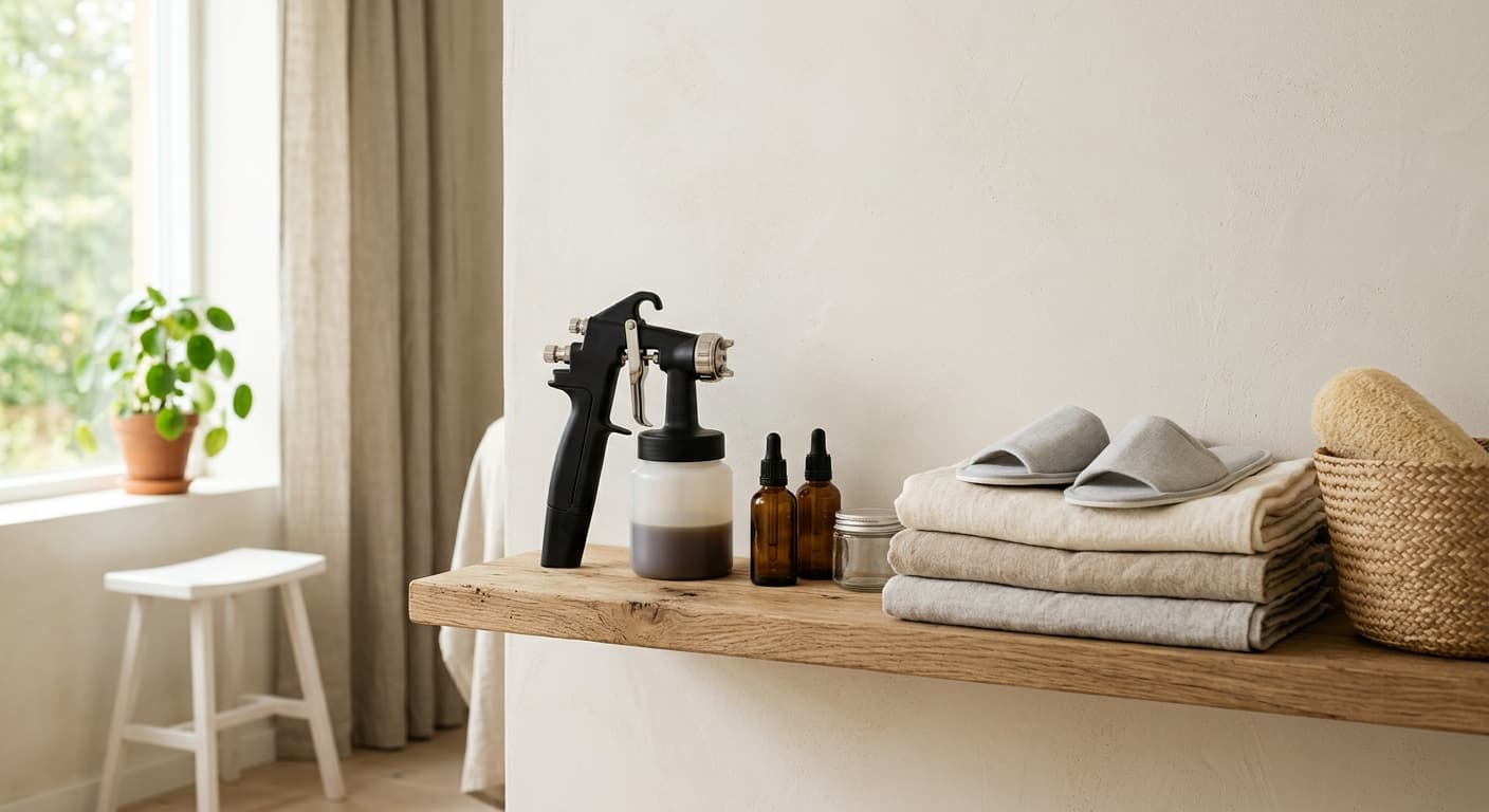 Spraytan-utrustning och vikta handdukar på en hylla i ett ljust behandlingsrum
