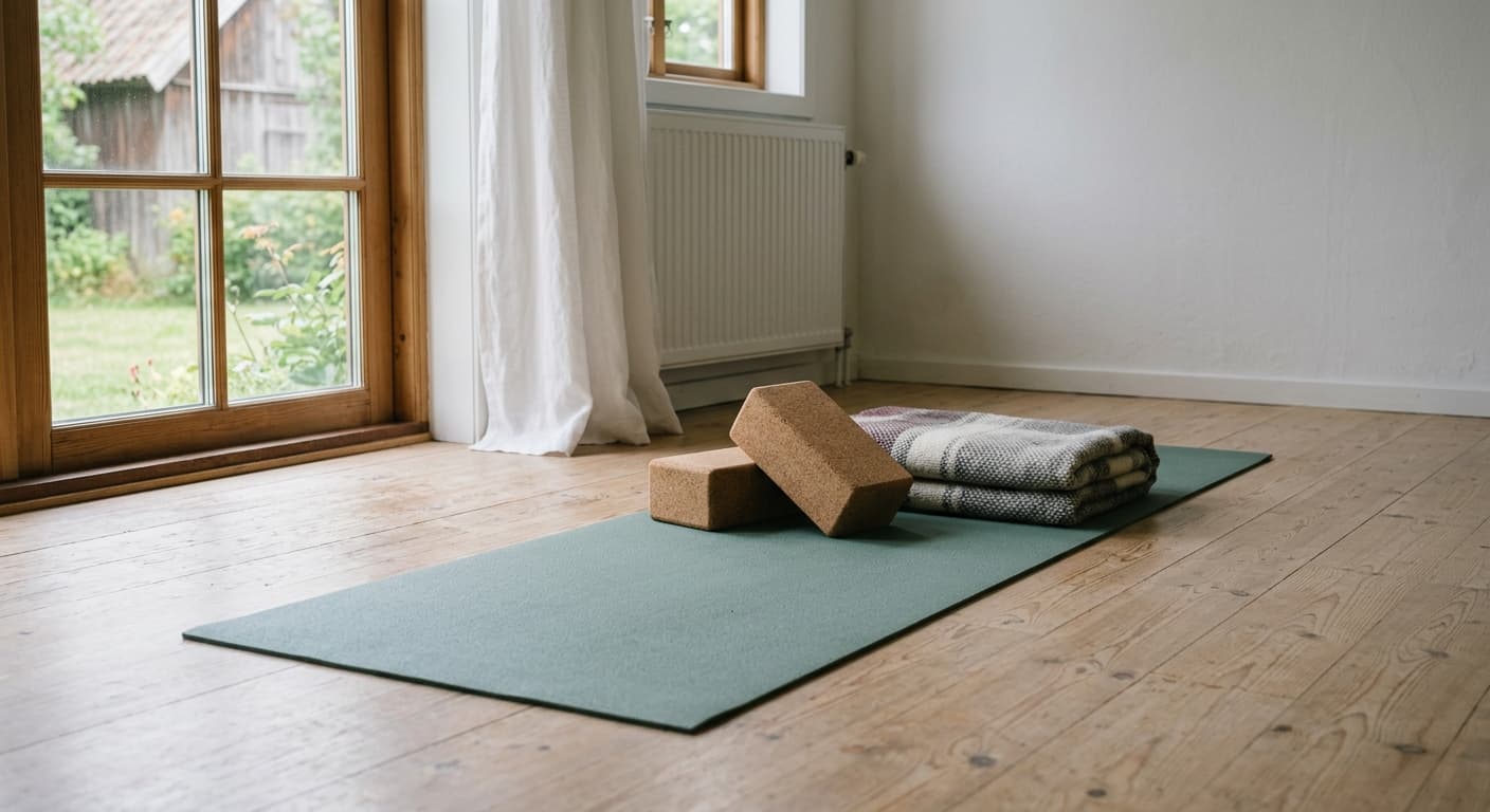Yogamatta med två korkblock och en hopvikt filt på ett ljust trägolv.