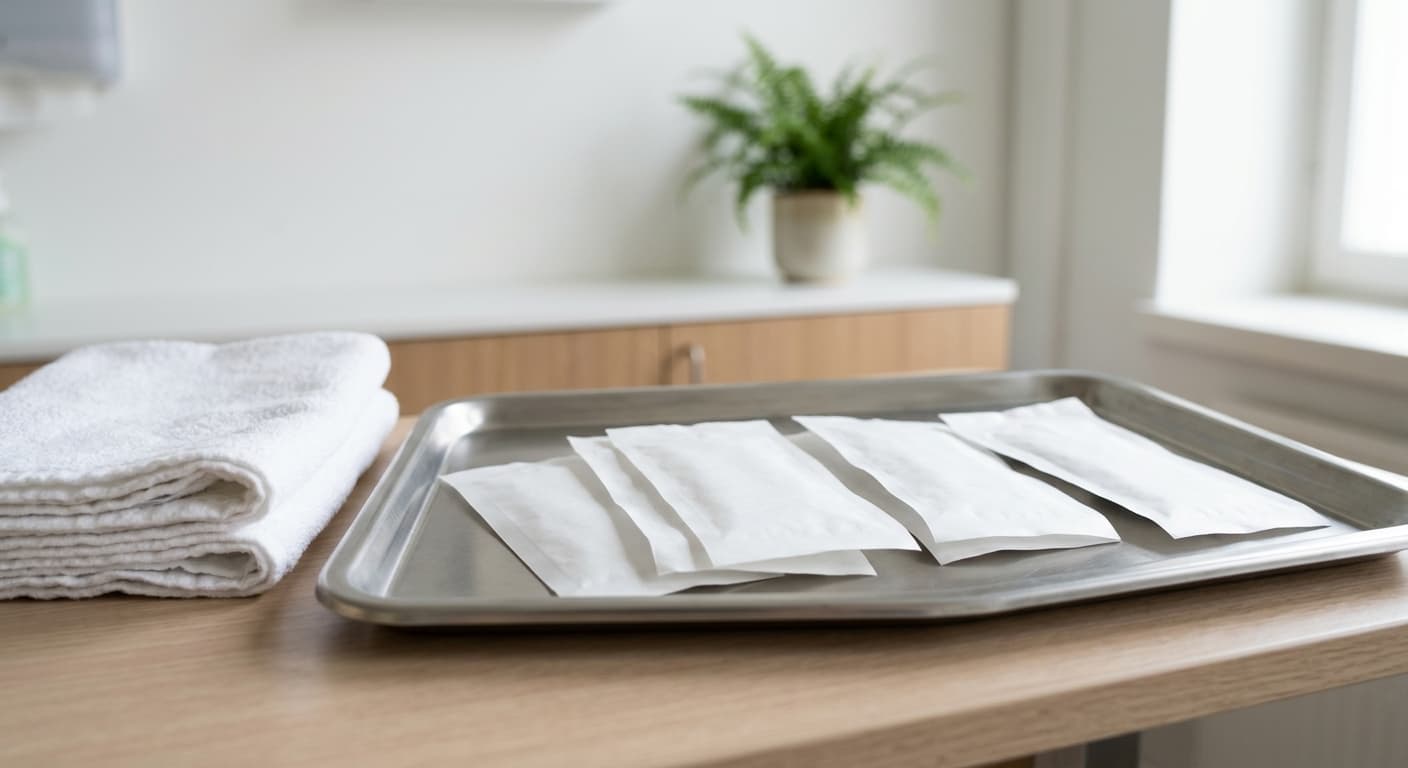 Oöppnade nålförpackningar på en ren metallbricka bredvid en vikt vit handduk.
