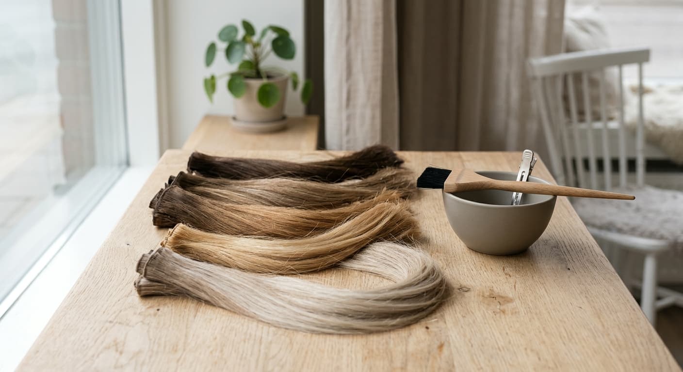 Hårprover med övergångar från brunt till blont bredvid en färgpensel och färgskål.