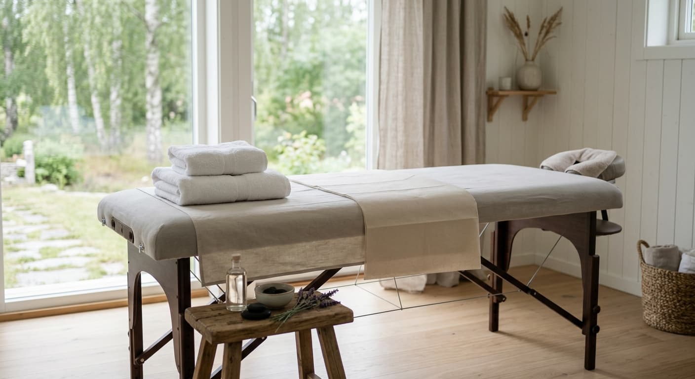 Massagebrits med rena vikta handdukar i ett ljust rum.