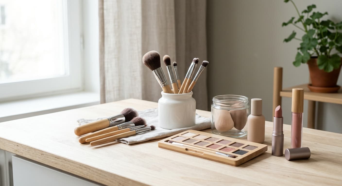 Makeupborstar, ögonskuggor och läpprodukter på en ljus bänkskiva i mjukt dagsljus