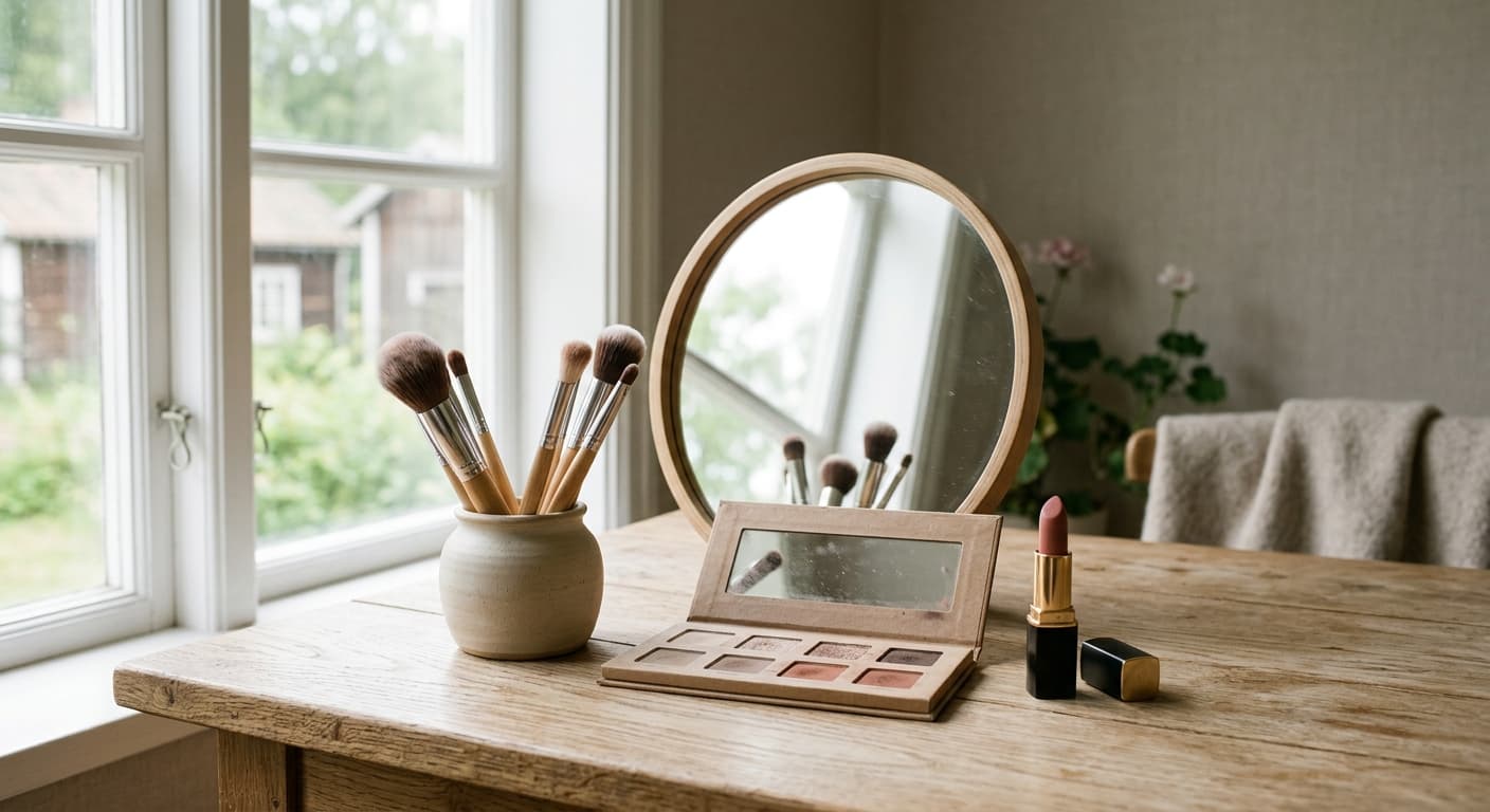 Makeupborstar, ögonskuggor och läppstift på ett ljust bord intill en spegel
