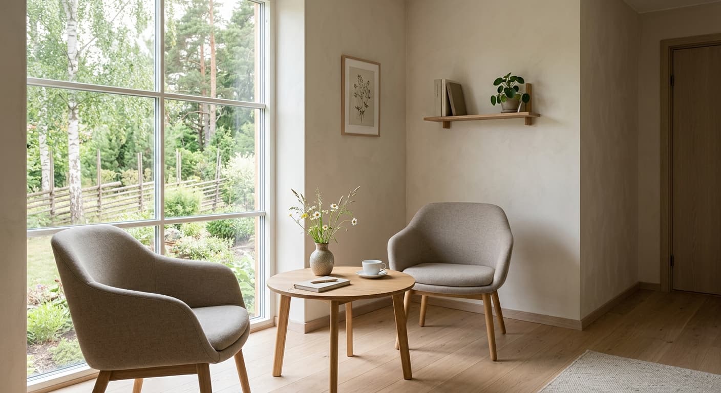 Två stolar och ett litet bord i ett ljust konsultationsrum