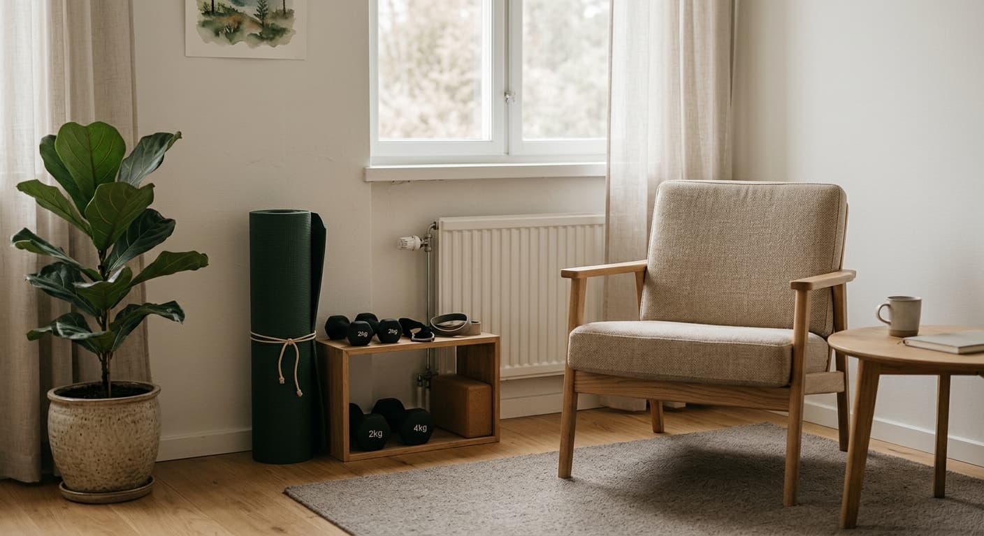 Ljust mottagningsrum med en stol, en matta och prydligt placerade träningsredskap