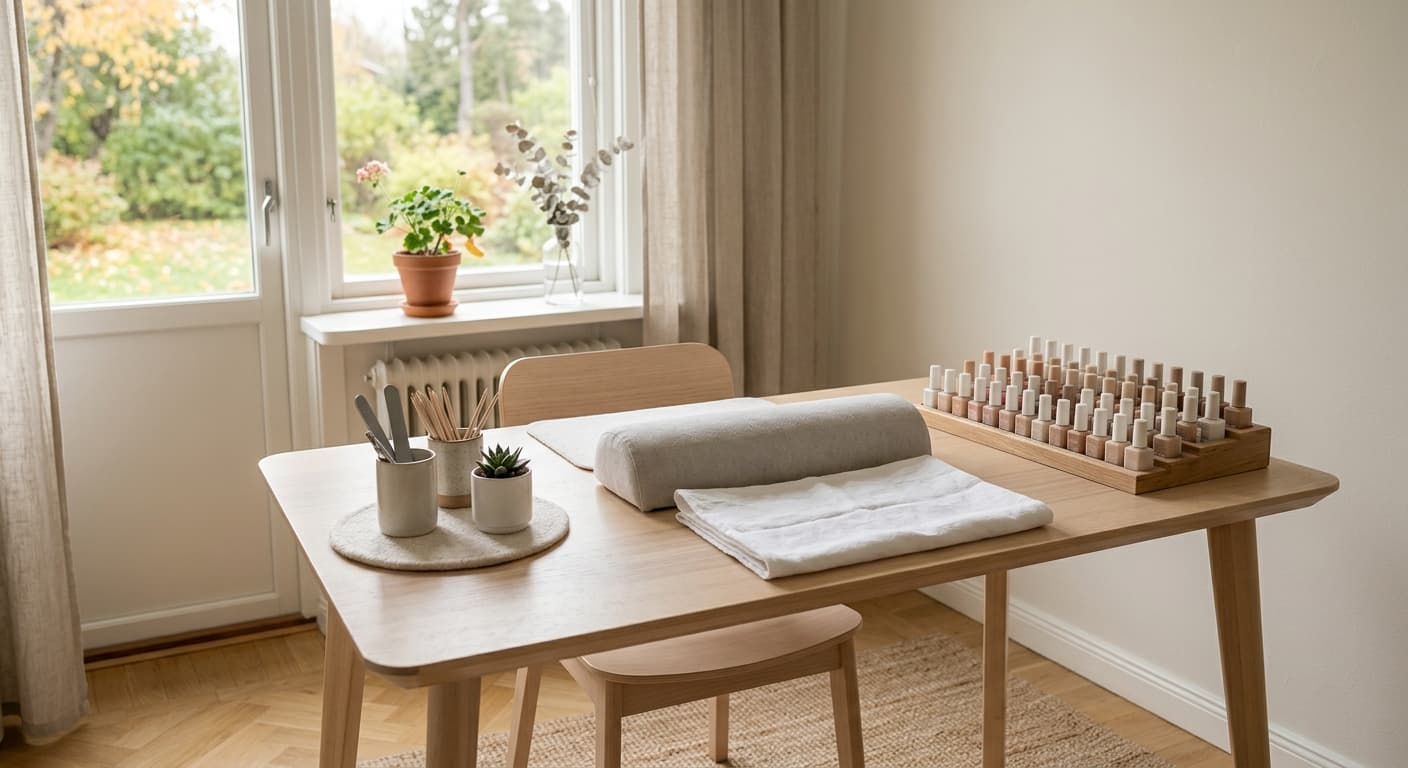 Ljus nagelarbetsplats med handstöd, färgprover och en vikt handduk.