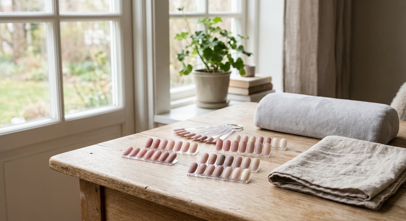Nagelfärgprover i rosa och neutrala toner på ett ljust träbord