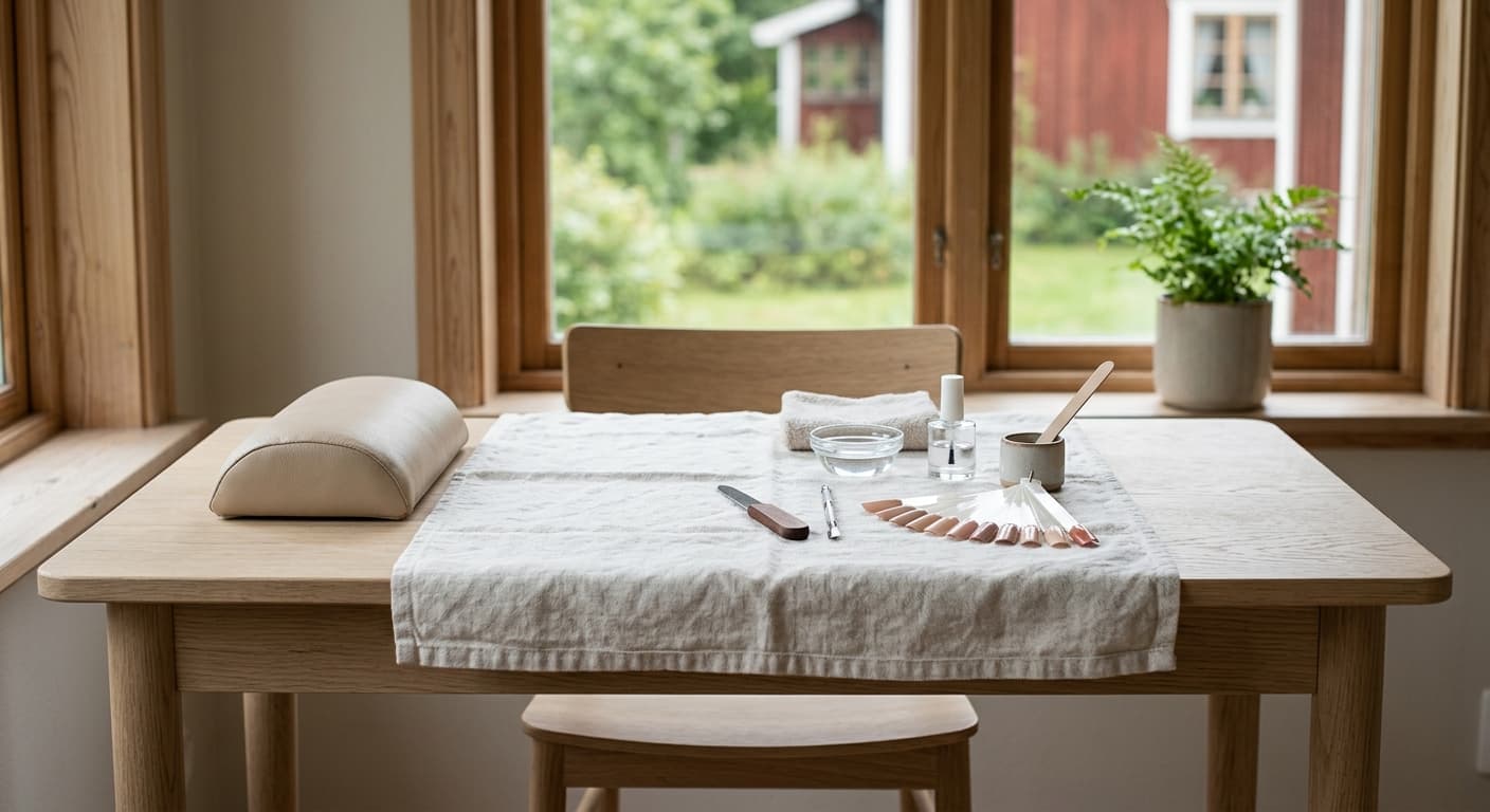 Ett ljust manikyrbord med handstöd, vikt handduk och neutrala färgprover
