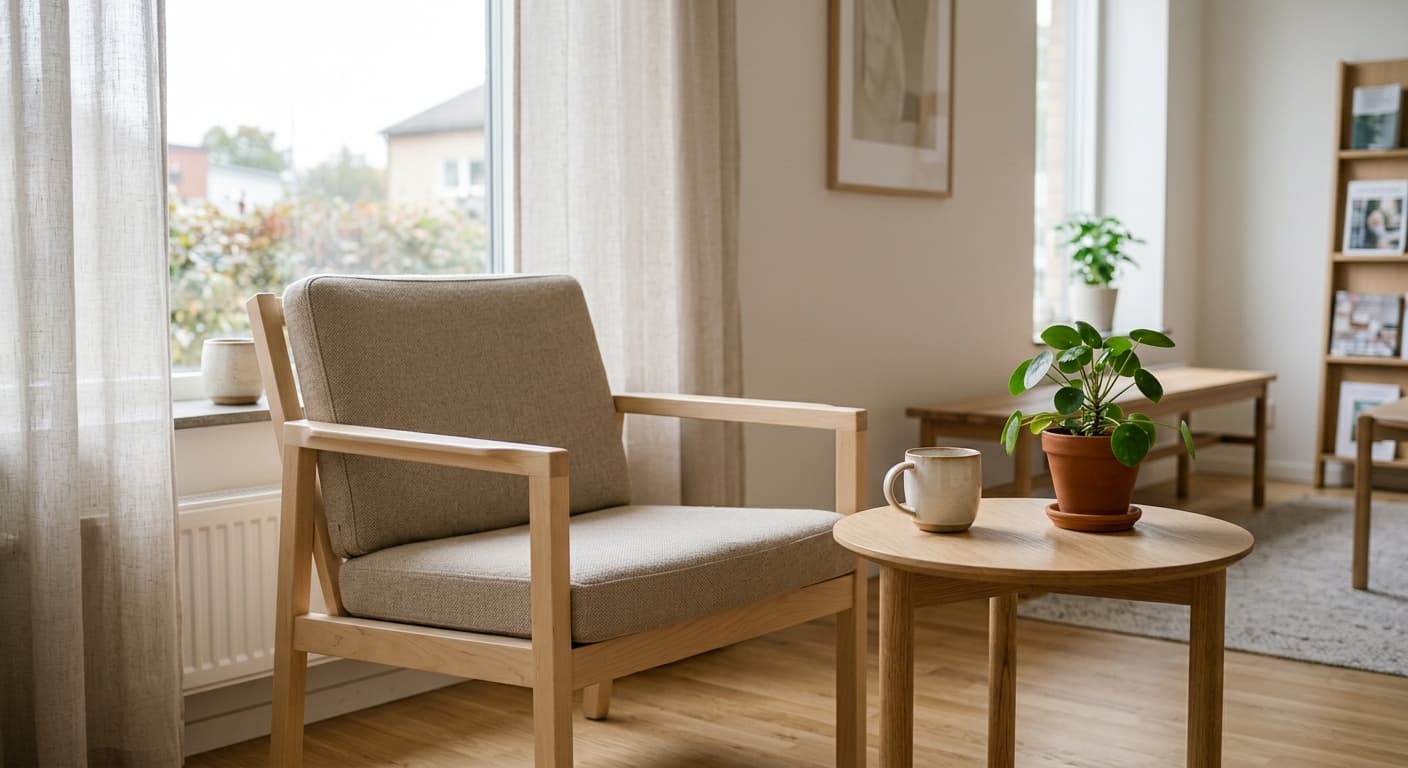 Ljus trästol, litet bord och grön växt i ett stilla väntrum