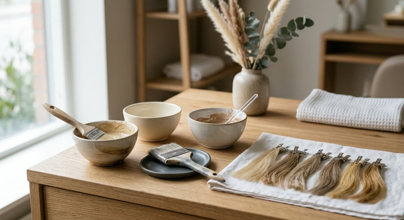 Färgskålar, penslar och hårprover på en ljus arbetsbänk