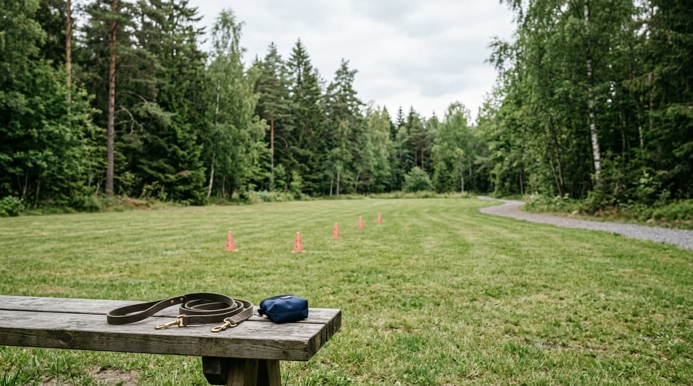 Träningskoner på en gräsyta och ett koppel på en träbänk
