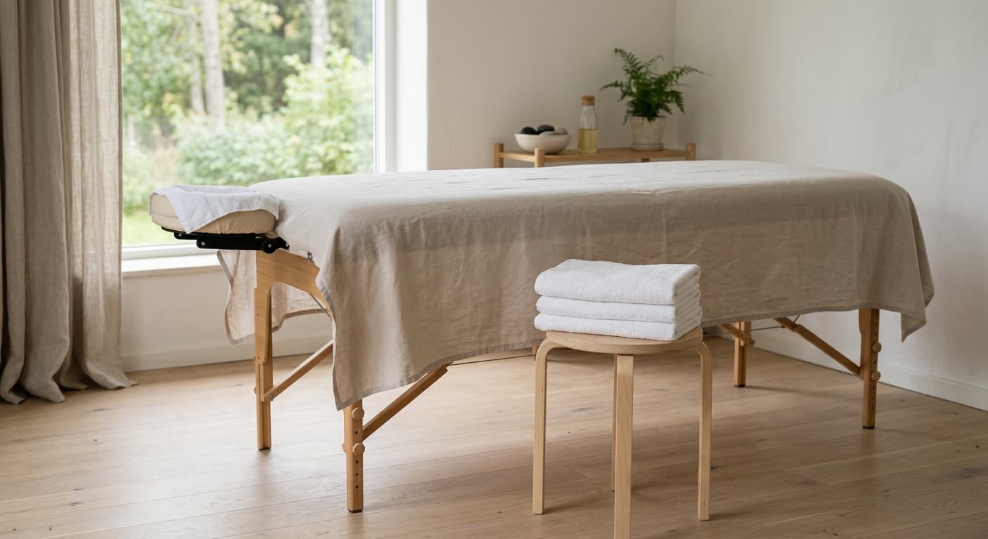 Massagebrits med rena handdukar och en pall i ett ljust rum.
