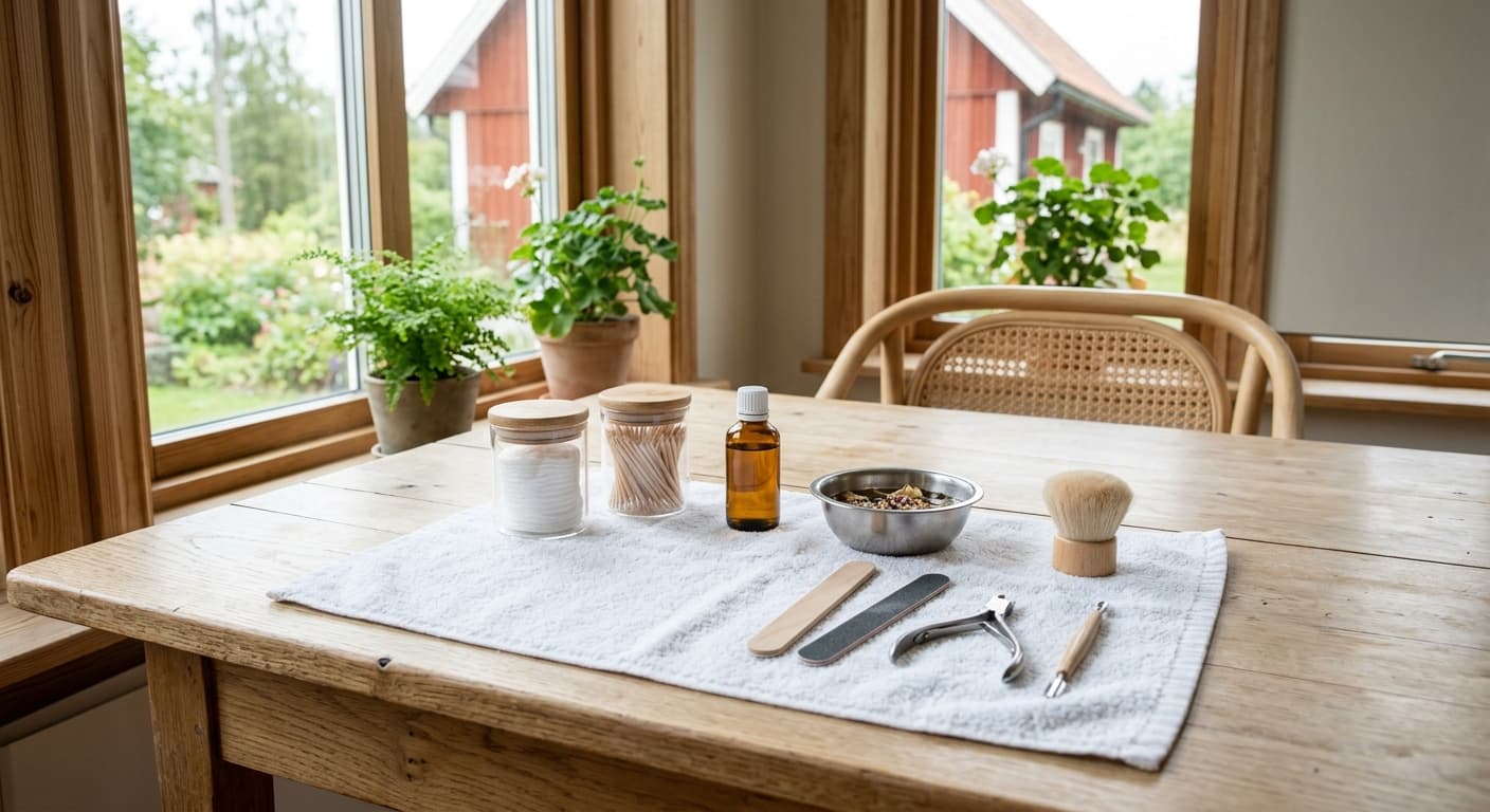 Ljust manikyrbord med handduk, nagelfilar och små omärkta behållare.