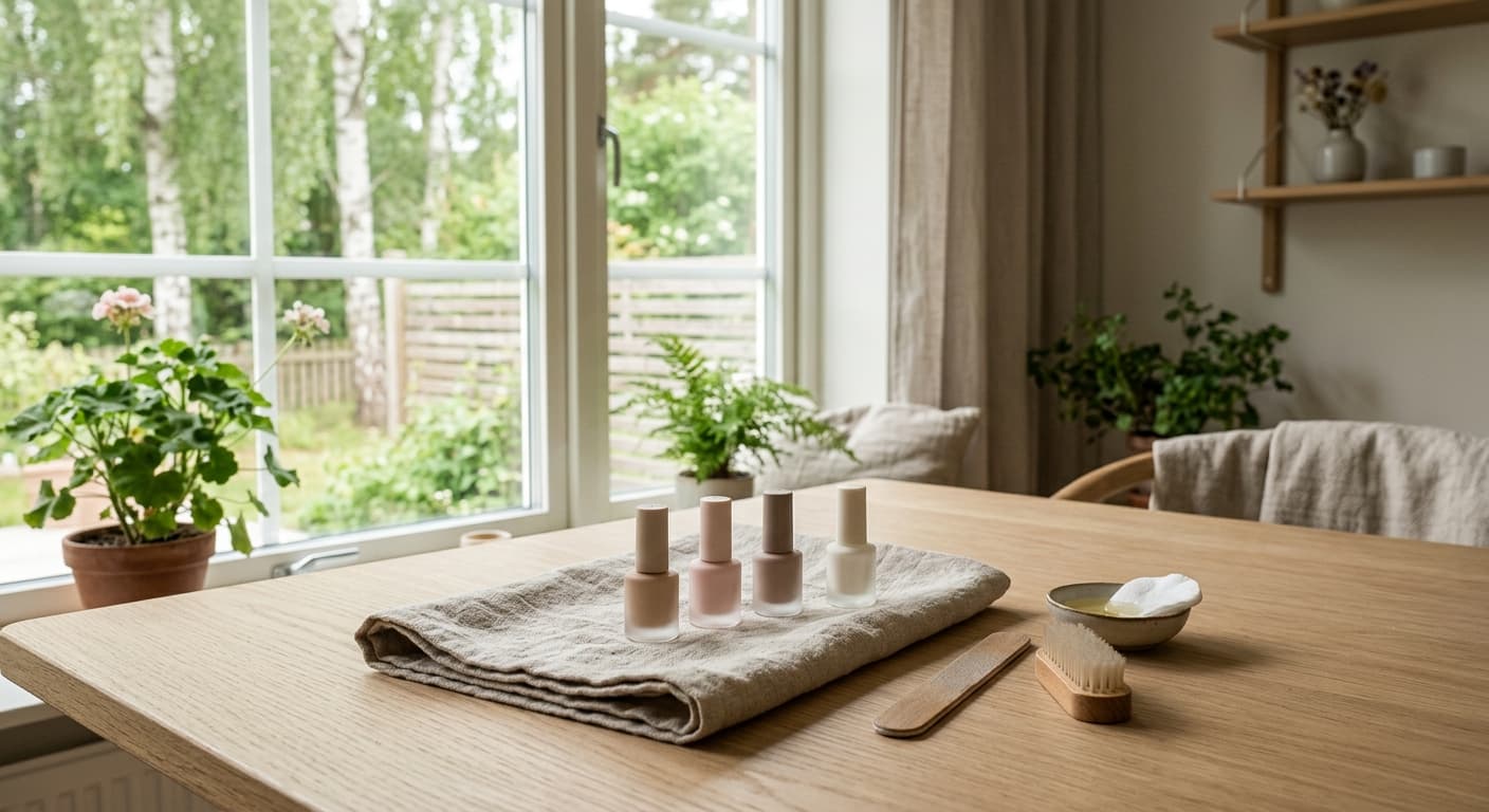 Nagelfil, handduk och neutrala lackflaskor på ett ljust manikyrbord.