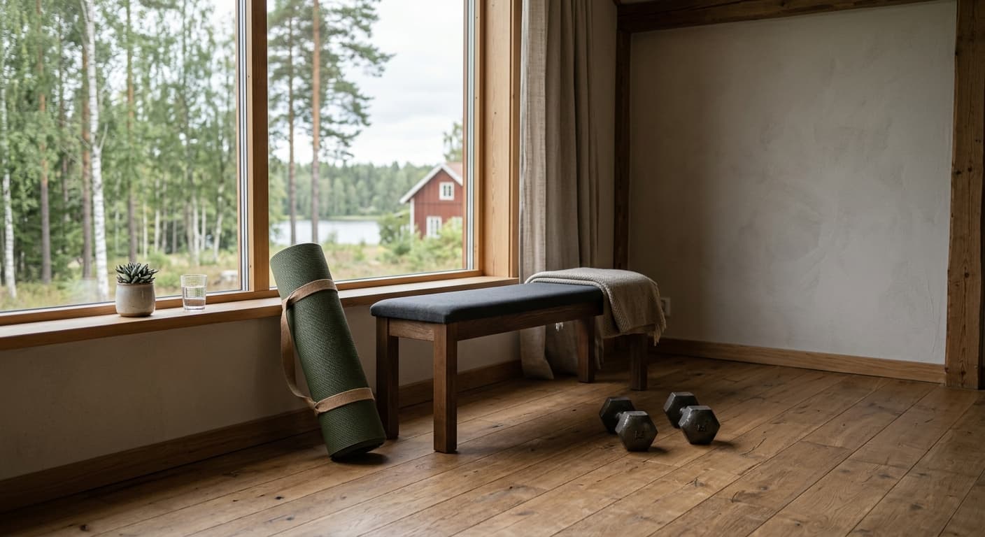Träningsbänk, hantlar och en hoprullad matta i ett ljust träningsrum.