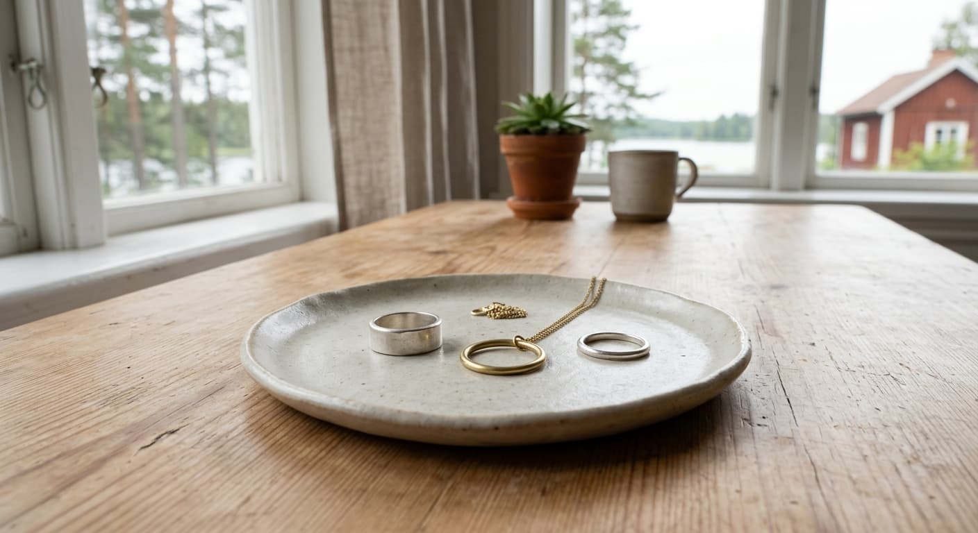 Ringformade metallsmycken på en keramisk bricka i mjukt dagsljus