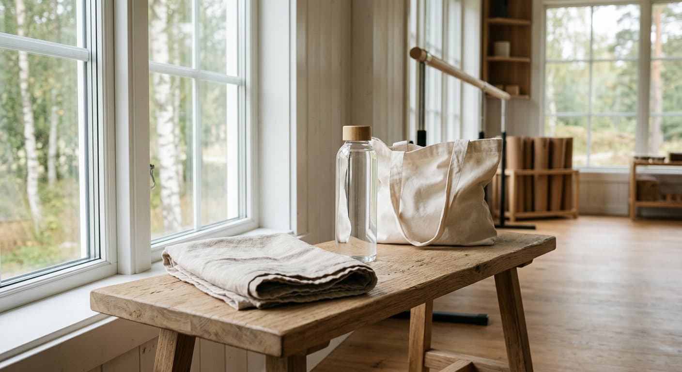 En hopvikt handduk, en vattenflaska och en tygväska på en träbänk.