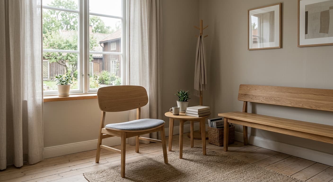Ett ljust väntrum med trästol, bänk och tunna gardiner