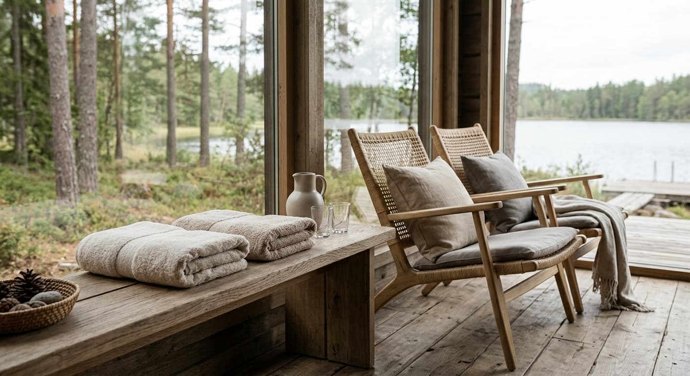 Två vikta handdukar på en träbänk intill två tomma vilstolar.