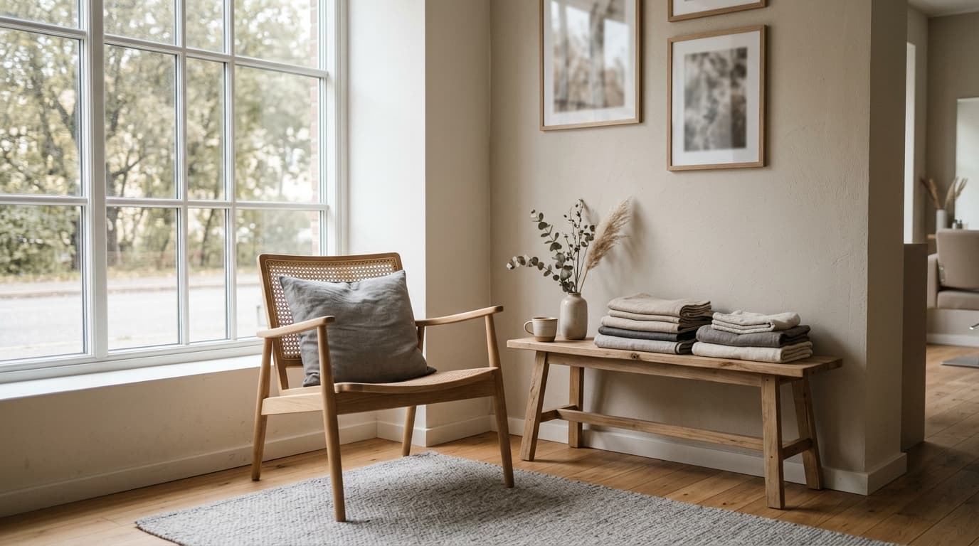 Tom vänthörna med en ljus trästol och vikta handdukar på en bänk